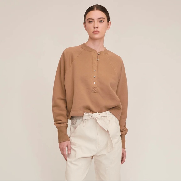 Marissa Webb SO UPTIGHT PLUSH PLUNGE HENLEY SWEATSHIRT IN LIGHT MOCHA - Picture 1 of 14